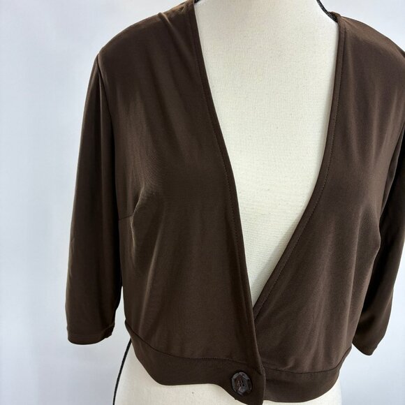 Perceptions Brown Cropped Cardigan Top Women’s Size L 3/4 Sleeve Deep V Button - Picture 2 of 6